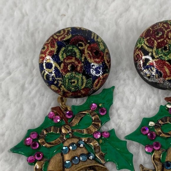 Vintage Christmas Bells Pierced Earrings 2.5"  Button Studs Dangle Rhinestones - Picture 3 of 10